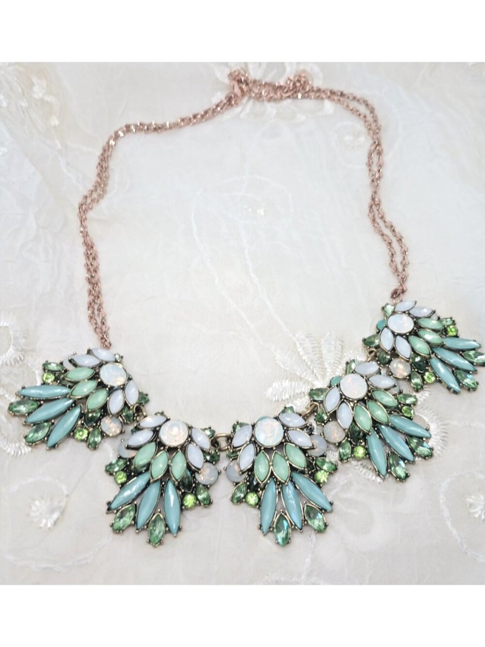 Light Blue Green Bib Faceted Rhinestone Statement Necklace- Rose Gold Tone ~ 18"
